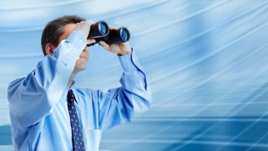 Businessman,With,Binocular.,Business,Blue,Background.